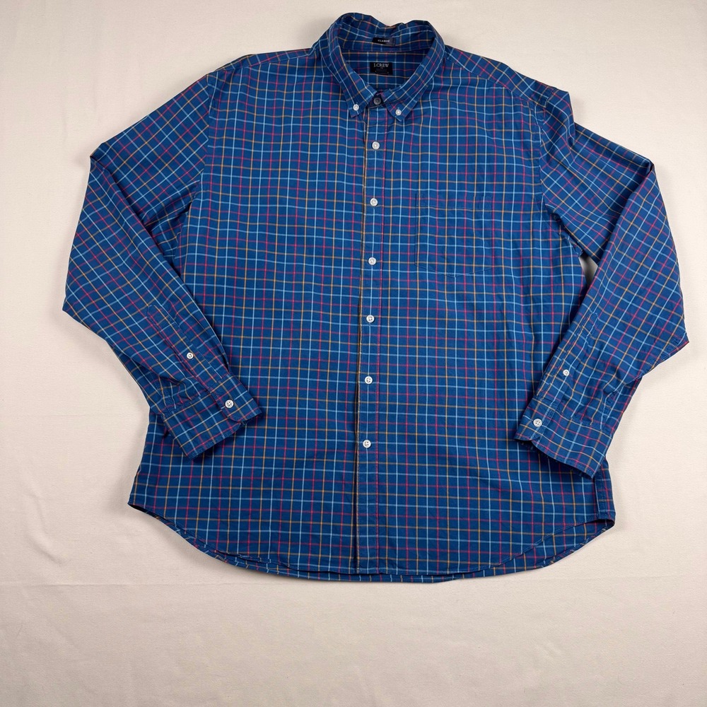 J.Crew Button Down Shirt Mens XXL Blue Plaid Flex Washed Classic B1048